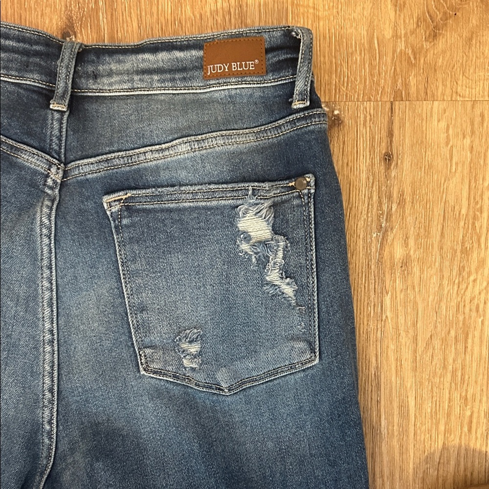 Judy Blue Dark Wash Distressed Straight Leg Jeans - Picture 5 of 6